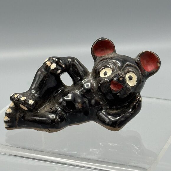 Vintage Red Clay Black Bear Laying on Side Figurine Japan Folk Art Hand Painted - Picture 1 of 8